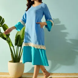 The Kaftan Company Blue Cotton Color-Block Night Dress image 3