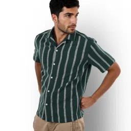 celio Celio* Green Cotton Regular Fit Striped Shirts image 3