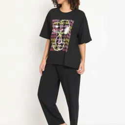 Clovia Black Cotton Printed Top & Pyjama Set image 3
