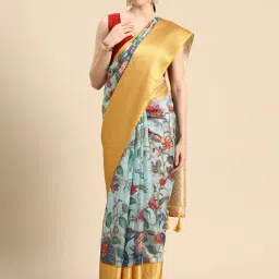 Silk Land Blue & Gold Printed Saree With Unstitched Blouse-picture-21