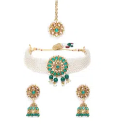 Zaveri Pearls Green Stones Ethnic Pearls Patta Choker Necklace Earring & Maangtikka Set-ZPFK10276-picture-22