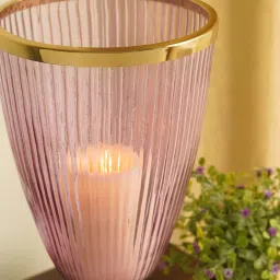 Pure Home and Living Pink & Gold Glass Ribbed Tall Candle Holder With Stand image 3