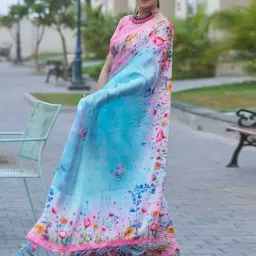 Satrani Blue & Pink Printed Saree With Unstitched Blouse-picture-13