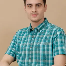 CAVALLO by Linen Club Green Linen Blend Slim fit Checks casual shirts-picture-25