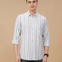 CAVALLO by Linen Club Blue Linen Blend Slim fit Stripes casual shirts-picture-13