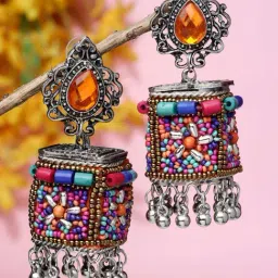 Moedbuille Multi Beads and Stones Afghan Design Oxidised Silver Plated Handcrafted Earrings-image-38