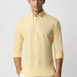 Van Heusen Yellow Cotton Slim Fit Checks Shirt-picture-24
