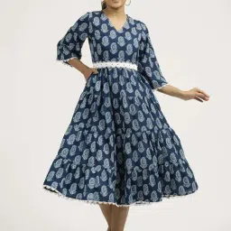 Jaipur Kurti Indigo Blue Cotton Printed A-Line Dress With Belt-picture-13