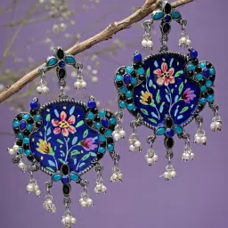 Moedbuille Handcrafted Meenakari Work Stones Tassell Design Oxidised Silver Plated Earrings-picture-20