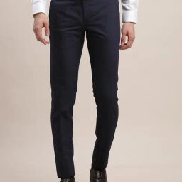Turtle Dark Blue Ultra Slim Fit Chequered Trousers-picture-34