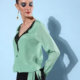 QUIERO Green Embellished Chiffon Blouson Top image 4