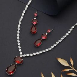 Saraf RS Jewellery Rhodium Red Ruby Luxe Designer Contemporary Jewellery Set-picture-0