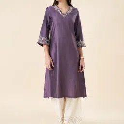 Rangmanch by Pantaloons Purple Rayon Embroidered 3/4th sleeve Kurti-image-5