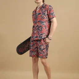 Bushirt Blue & Red Regular Fit Printed Shirt & Shorts Set image 5