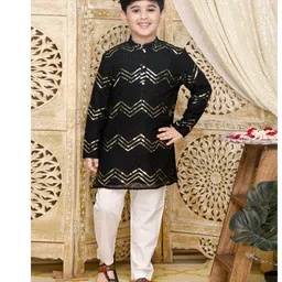 Saka Designs By Sapna Full Sleeves Sequins Chevron Design Embroidered Kurta & Pyjama Set - Black & White-picture-37