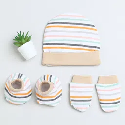 BUMZEE Cotton Striped Cap Mittens & Booties Set - White & Beige-image-15
