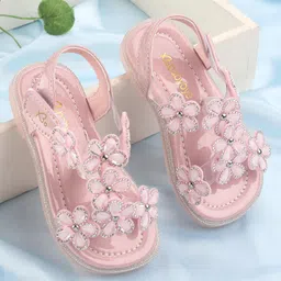 Babyoye Sandals with Velcro Closure & Floral Applique - Pink-image-85