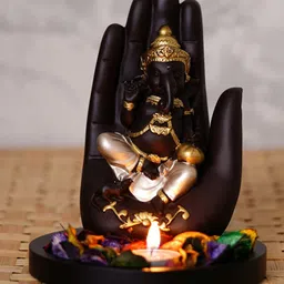 eCraftIndia Golden And Black Polyresin Palm Ganesha Idol With Wooden Base, Fragranced Petals Tealight Holder-picture-13