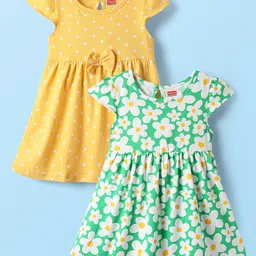Babyhug Single Jersey Knit Cap Sleeves Frocks with Polka Dot & Floral Print Pack of 2 - Yellow & Green-picture-38