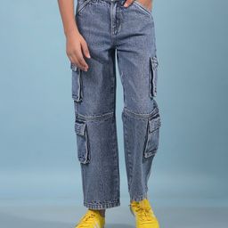 CRIMSOUNE CLUB 100% Cotton Mild Washed Cargo Jeans - Blue-picture-26