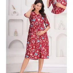 CeleBravo Georgette Woven Three Fourth Sleeves Floral Printed Maternity Dress With Nursing Access - Maroon-image-74