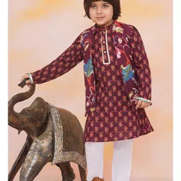 KID1 Cotton Woven Full Sleeves Floral Printed Lace Embellished Kurta Pyjama With Jacket - Wine-picture-22