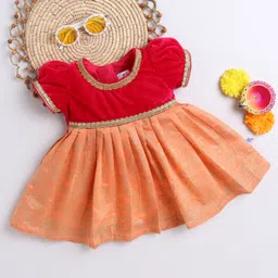 Many Frocks & Velvet Woven Puff Sleeves Gota Lace Embellished & Floral Foil Printed Dress - Pink & Peach-picture-11