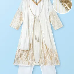EARTHY TOUCH Georgette Woven Full Sleeves Kurta Salwar Shrug & Dupatta Set With Sequin Detailing - Off White-picture-16