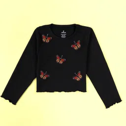 Kiddopanti Cotton Knit Full Sleeves Butterfly Patch Detailed Ribbed Tee - Black image 1