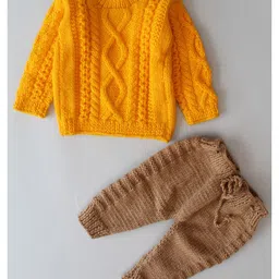 Woonie Full Sleeves Handmade Cable Knit Sweater And Pants Set - Yellow image 3