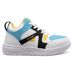 asian Go Chase Text Designed Colour Blocked Lace Up Sneakers - White Blue & Mustard image 3