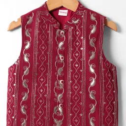 Babyhug Woven Full Length Solid Coloured Kurta Pyjama Set With Embroidery Jacket - Beige & Red image 2