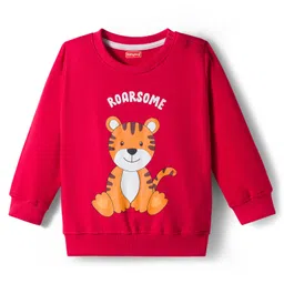 Babyhug Terry Knit Full Sleeves T-Shirt & Lounge Pant Set with Tiger Print - Maroon image 2