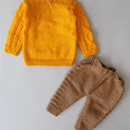 Woonie Full Sleeves Handmade Cable Knit Sweater And Pants Set - Yellow image 4