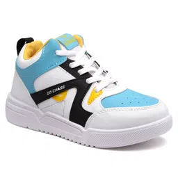 asian Go Chase Text Designed Colour Blocked Lace Up Sneakers - White Blue & Mustard image 4