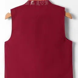 Babyhug Woven Full Length Solid Coloured Kurta Pyjama Set With Embroidery Jacket - Beige & Red image 3