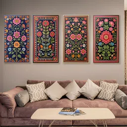 nestroots Gold-Toned & Navy Blue 4 Pieces Floral Tapestry Series Canvas Painting Wall Art-picture-31