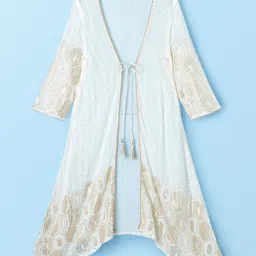 EARTHY TOUCH Georgette Woven Full Sleeves Kurta Salwar Shrug & Dupatta Set With Sequin Detailing - Off White image 5