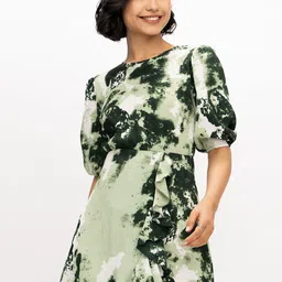 AASK Tie and Dye Print Puff Sleeve Crepe Fit & Flare Midi Dress image 4