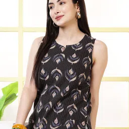 KALAMIR Women Ethnic Motifs Printed Keyhole Neck Cotton Top-image-86