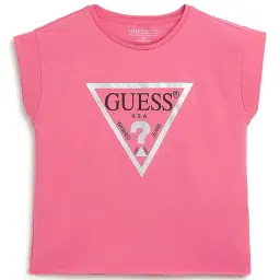 Guess Pink Printed Round Neck Cropped Core T-Shirt-image-68