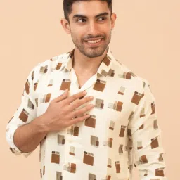 The Bleu Label Cream Cotton Slim Fit Printed Shirt image 3