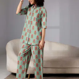 Libas Green Cotton Printed Shirt & Pyjama Set image 3