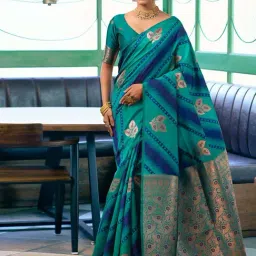 Satrani Teal Green & Blue Woven Saree With Unstitched Blouse-image-5
