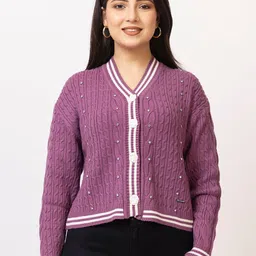 LASOON Women Cable Knit Woollen Cardigan with Embellished Detail-picture-30