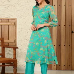 W Blue Cotton Printed A Line Kurta image 3