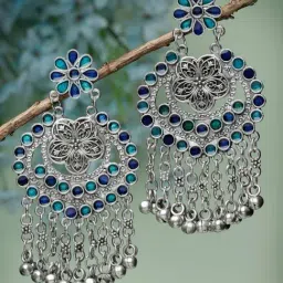 Moedbuille Meenakari Work Ghungroo Antique Tasselled Design Oxidised Silver Plated Earrings-image-61