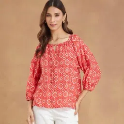 Fabindia Women's Red Printed Tie-Up Neck 3/4th Sleeves Top-picture-20