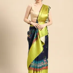 Silk Land Navy & Green Printed Saree With Unstitched Blouse-image-88