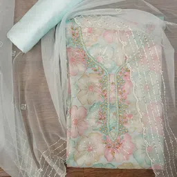 Desi Fusion Embroidered Beads & Stones Organza Unstitched Dress Material-image-18